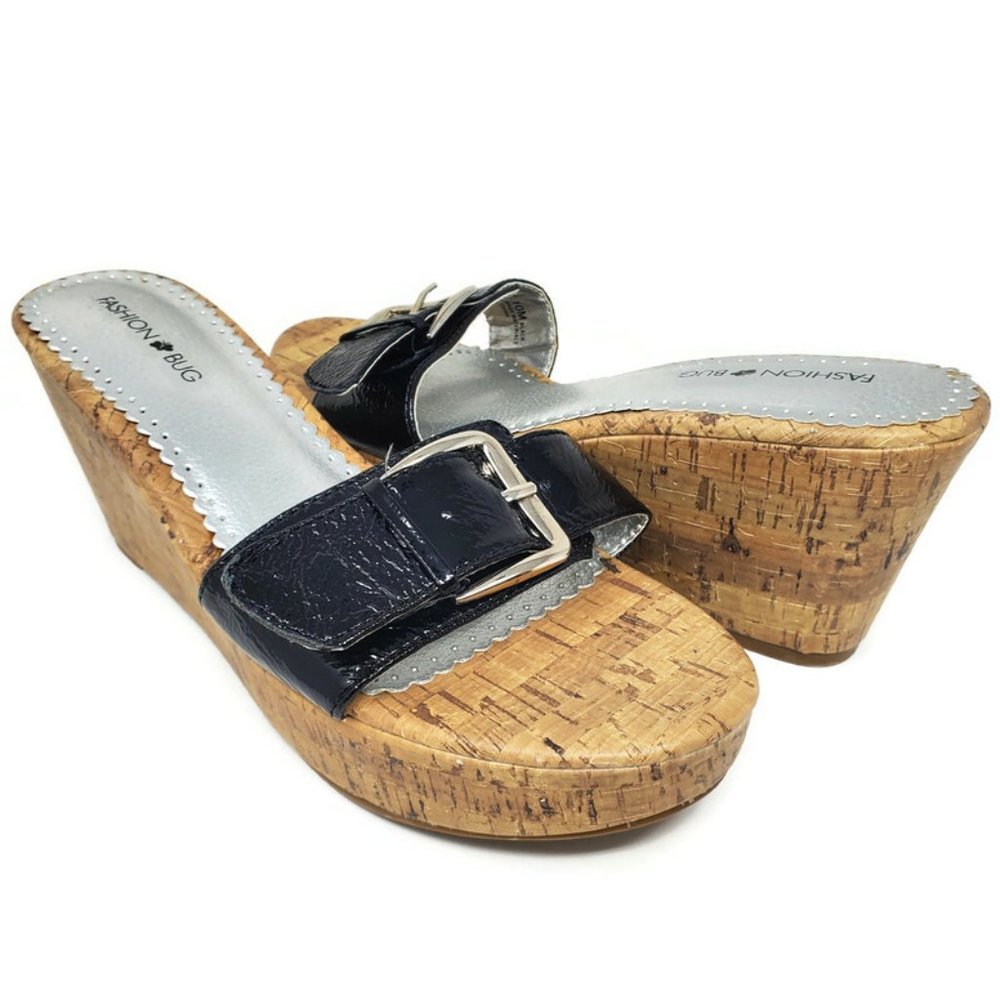 Fashion Bug‎ Size 10 Black Faux Patent Leather Buckle Cork Wedge Heels Sandals